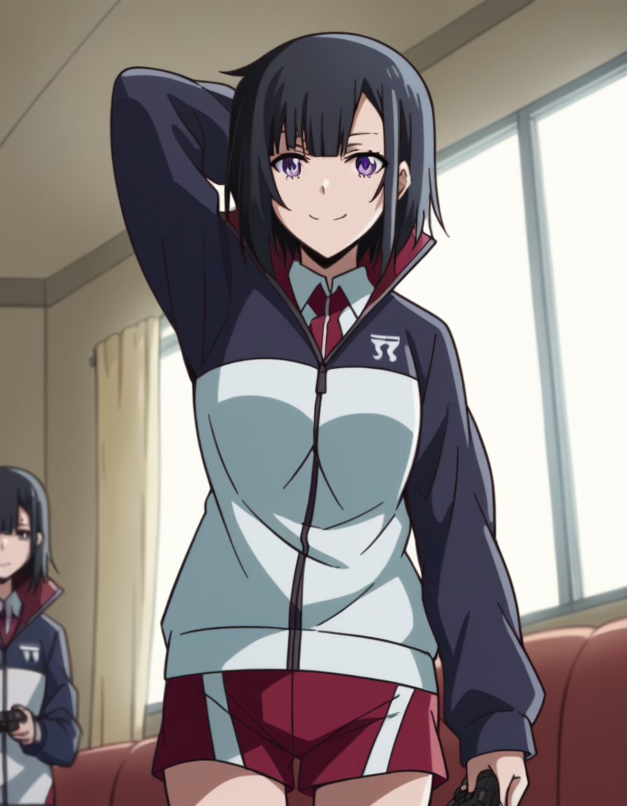 score_9, score_8_up, score_7_up, source_anime, <lora:yuika-shiwahime-s1-ponyxl-lora-nochekaiser:1>, yuika shiwahime, short hair, black hair, purple eyes,, shirt, jacket, necktie, shorts, sleeves past wrists, track jacket,, living room, video game, controller, competitive, fun, afternoon, smile, , hand behind head, , solo,, dutch angle, cowboy shot