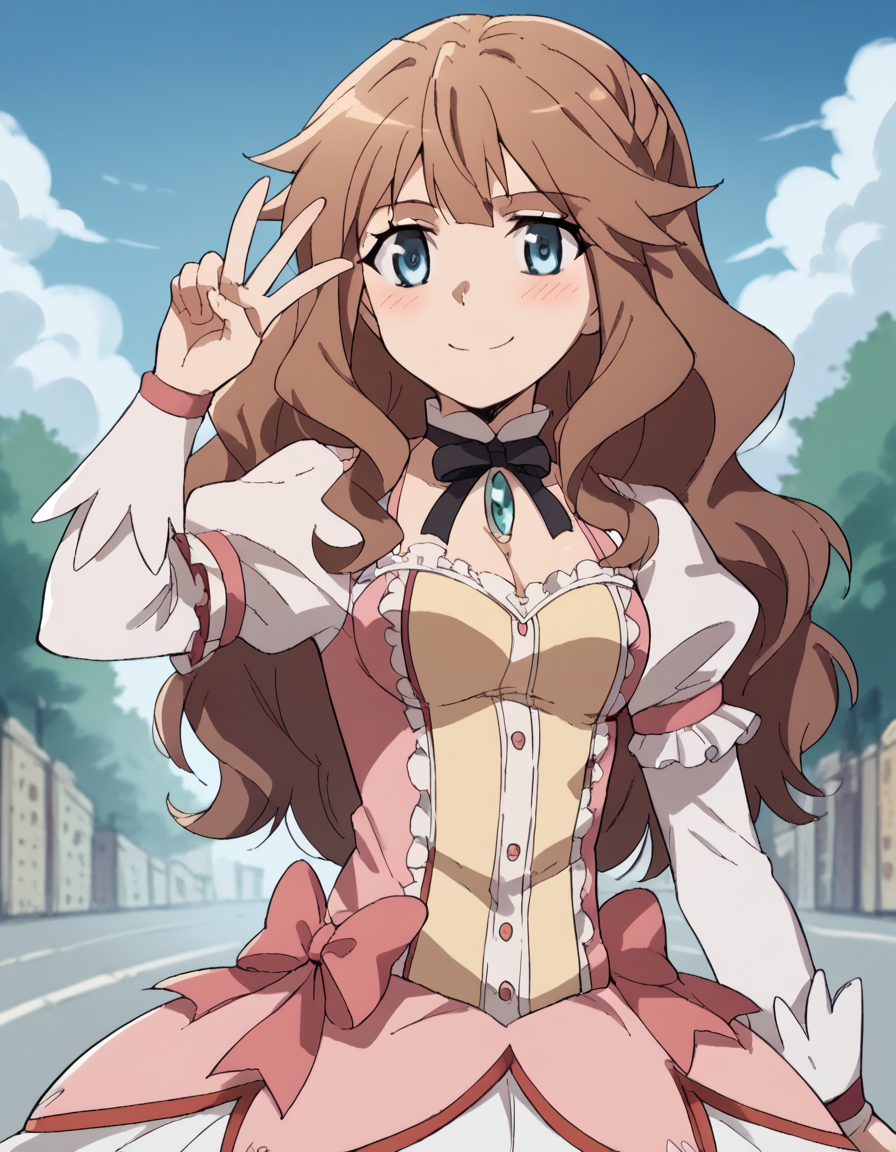 score_9, score_8_up, score_7_up, source_anime, <lora:fiore-forvedge-yggmillenia-apocrypha-s1-ponyxl-lora-nochekaiser:1>, fiore forvedge yggdmillennia, long hair, blue eyes, brown hair, sidelocks, medium breasts,, <lora:kaname-madoka-cosplay-ponyxl-lora-nochekaiser:1>, kanamemadokacosplay, kaname madoka (cosplay), chest jewel, dress, frilled dress, frills, magical girl, neck ribbon, pink dress, puffy short sleeves, puffy sleeves,, outdoors, streets, smile, blush, v, v over eye, , dutch angle, cowboy shot
