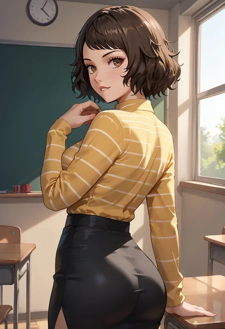 score_9, score_8_up, score_7_up, Masterpiece, beautiful, perfect eyes, perfect face, (adult:1.7), sexy, Kawakami Sadayo (Persona 5, medium teardrop breasts, dark brown eyes, medium brown hair, yellow shirt, striped shirt, long sleeves, pencil skirt, black skirt, black high heels, petite body), standing, back to viewer, looking to side, sideboob, ass focus, biting lip, seductive, classroom, day, beautiful cinematic lighting, volumetric lighting, dramatic lighting <lora:add-detail-xl:0.9> <lora:Smooth Anime Style LoRA XL:0.6> <lora:g0th1cPXL:0.4> g0thicPXL <lora:persona5_kawakami-14>