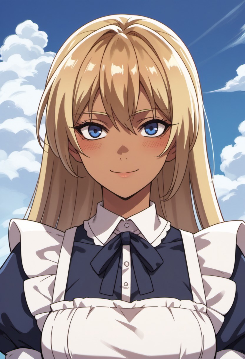 score_9, score_8_up, score_7_up, source_anime, bertrand, long hair, dark skin, dark-skinned female, blonde hair, blue eyes, 1girl, solo, maid, looking at viewer, apron, smile, cloud, sky, blush, upper body, puffy sleeves