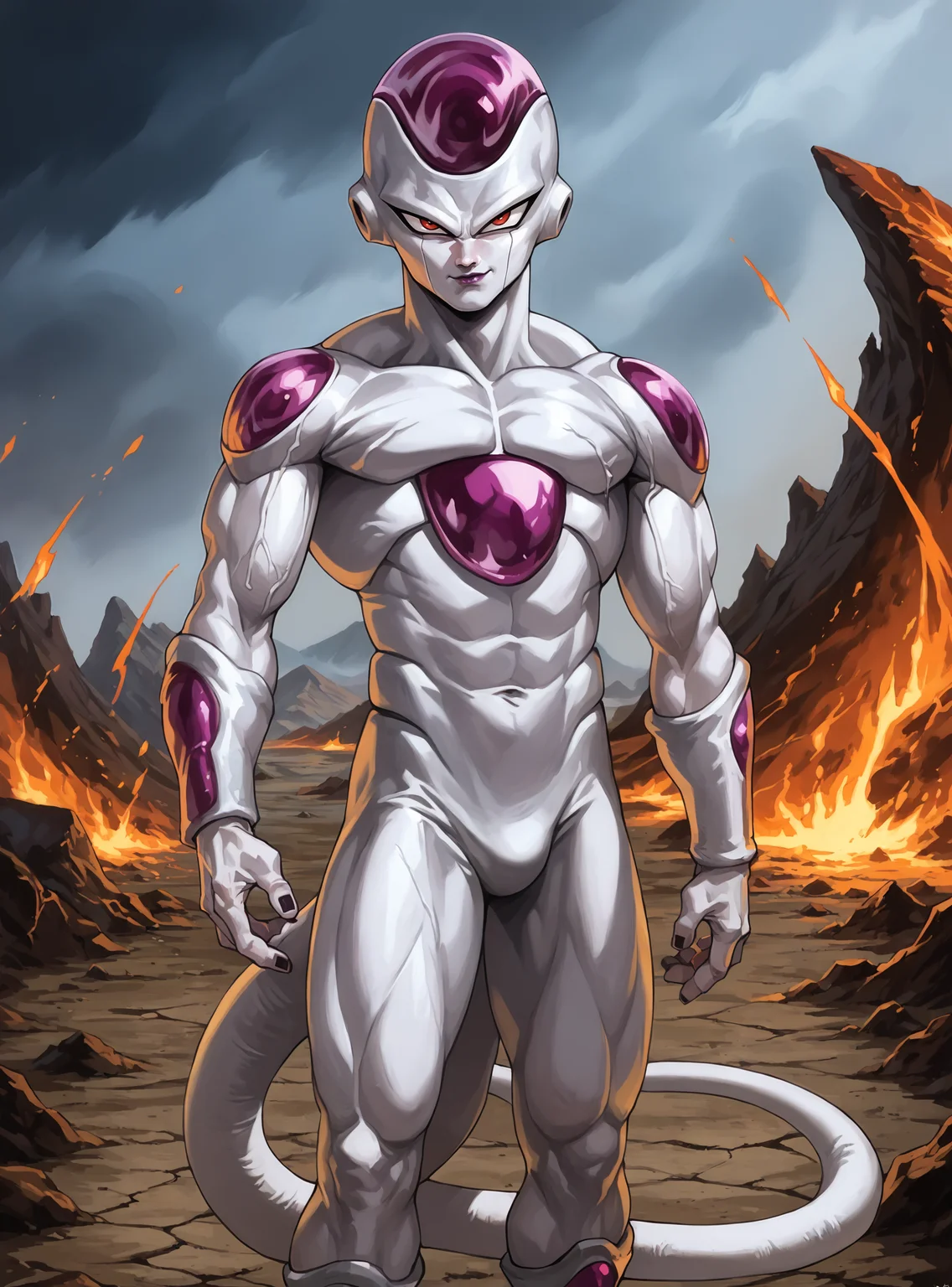 score_9, score_8_up, score_8, score_9, score_8_up, score_7_up,zPDXL2, source_anime,
friezaxl, solo, looking at viewer,1boy, tail, standing, cowboy shot, molten rock, volcano, storm,
oobari_style,
<lora:friezaxl-000005:1> <lora:oobari_style_pony_ver1:0.6>