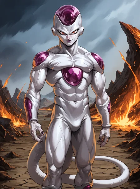 score_9, score_8_up, score_8, score_9, score_8_up, score_7_up,zPDXL2, source_anime,
friezaxl, solo, looking at viewer,1boy, tail, standing, cowboy shot, molten rock, volcano, storm,
oobari_style,
<lora:friezaxl-000005:1> <lora:oobari_style_pony_ver1:0.6>