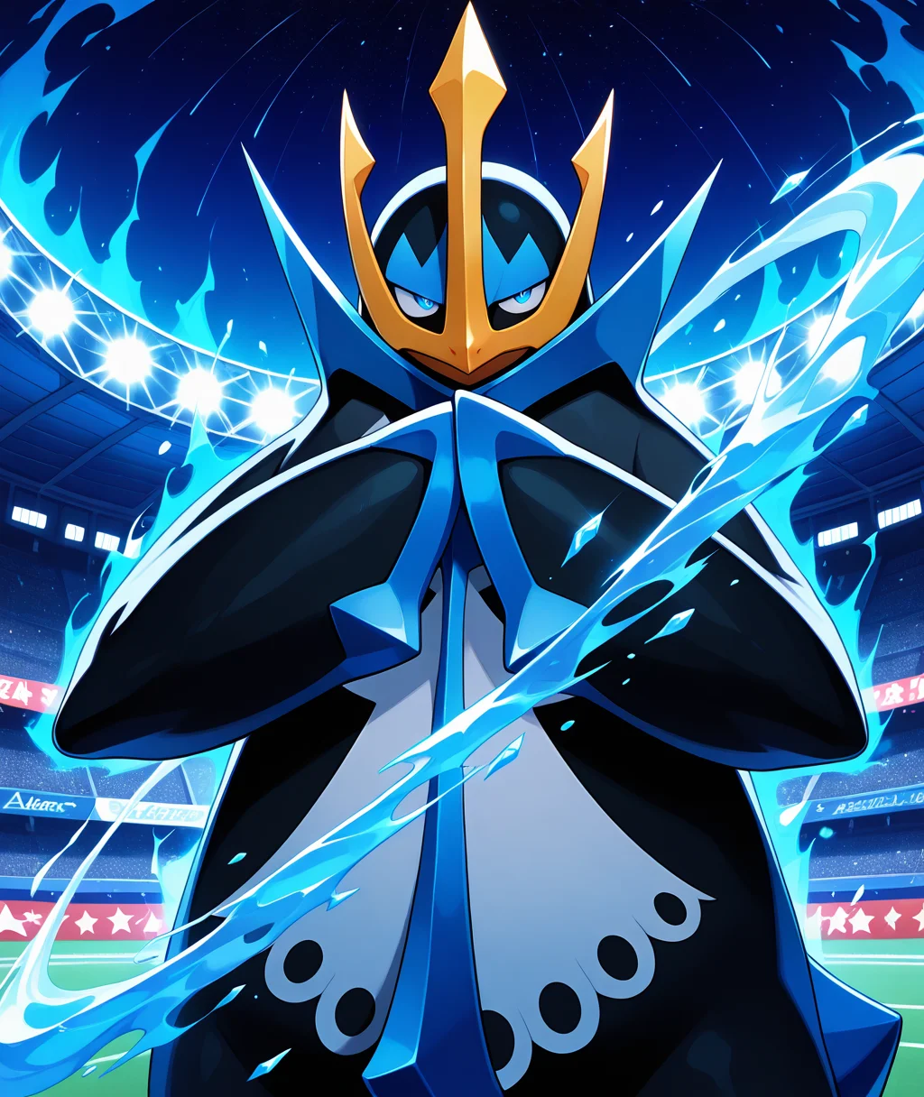 masterpiece, dreamlike atmosphere, vibrant, detailed, absurdres, highres, amazing_quality, best quality, BREAK <lora:empoleon-illus-15:0.9> pempo, 1other, pinguin_boy, (empoleon), (solo, alone), hydrokinesis, fighting stance, stadium, glowing, upper body, night, backlighting, multicolored attack, ice aura, celestial, injury,
