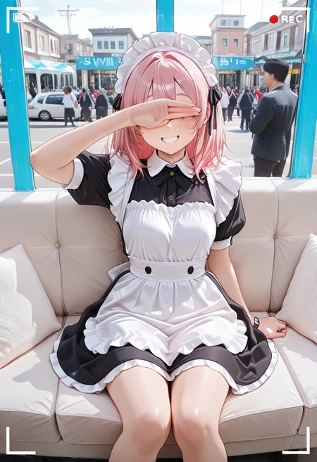 1girl, solo, CivChan, purple eyes, pink hair, medium hair, maid uniform, standing looking sweet, coy, smiling sweetly,
day, crowd, photo background, stadium, multiple girls, watch,
masterpiece, extremely aesthetic, highly detailed, dynamic composition, vibrant colors, vivid colors, saturated,
<lora:CivChan:0.8:0.6> <lora:Magic_Mirror_Bus:0.6>Magic_Mirror_Bus, many pedestrians on the road,crowded:1.1, recording, Porn shooting, Magic Mirror Bus interior, Japanese urban street background, visible through a large blue-tinted glass window, clear transparent glass window, sitting couch, couch, <lora:Lunas-Covering-Eyes-SDXL-A1:1> covering eyes