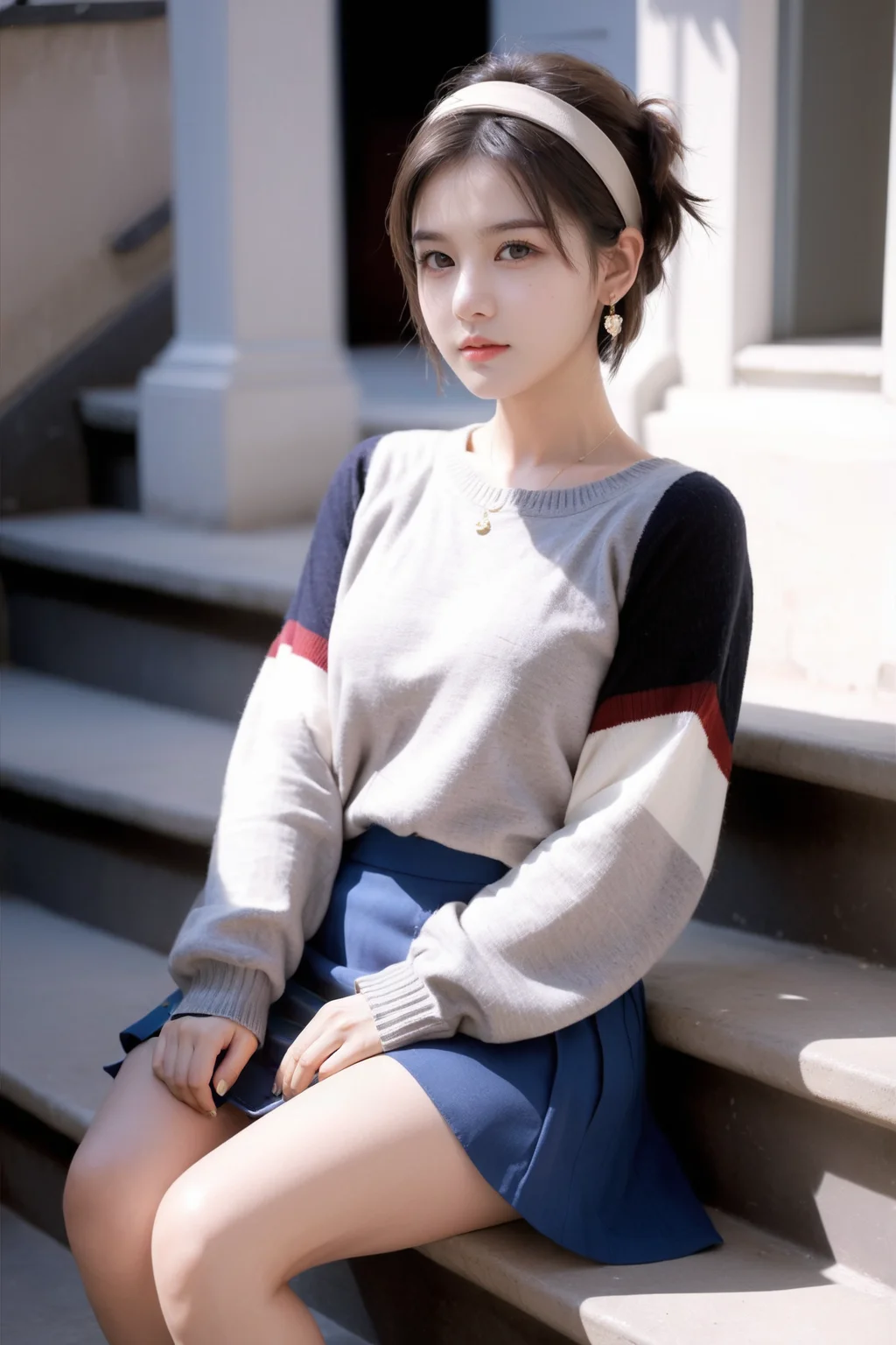 a 25yo girl sitting on a set of stairs wearing a skirt and boots with a sweater over her shoulders and a purse, girl, a character portrait, paris school ,
, solo,realistic,headband,short hair,sun beam,lens_flare,Natural light,portrait,Grey Film filter,
 (masterpiece),  intricate details, (cute:1.1), earrings, Ray Tracing, (realism:2), 
 <lora:PrgXL_V1:0.35>,(detailed skin)