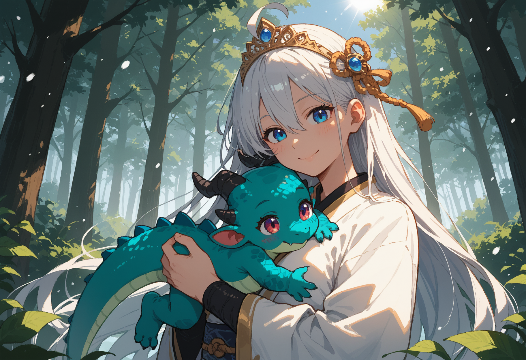 score_9, score_8_up, score_7_up,source_anime,1girl,solo,white hair,very long hair,hair between eyes,ahoge hair,blue eyes,perfecteyes,eyebrows,white kimono,green lining,tiara,hair ornament,sunny,sunlight,snowing,baby dragon,holding dragon,hugging dragon,looking at dragon,smile,forest,trees,plants,sinozick,flat colors