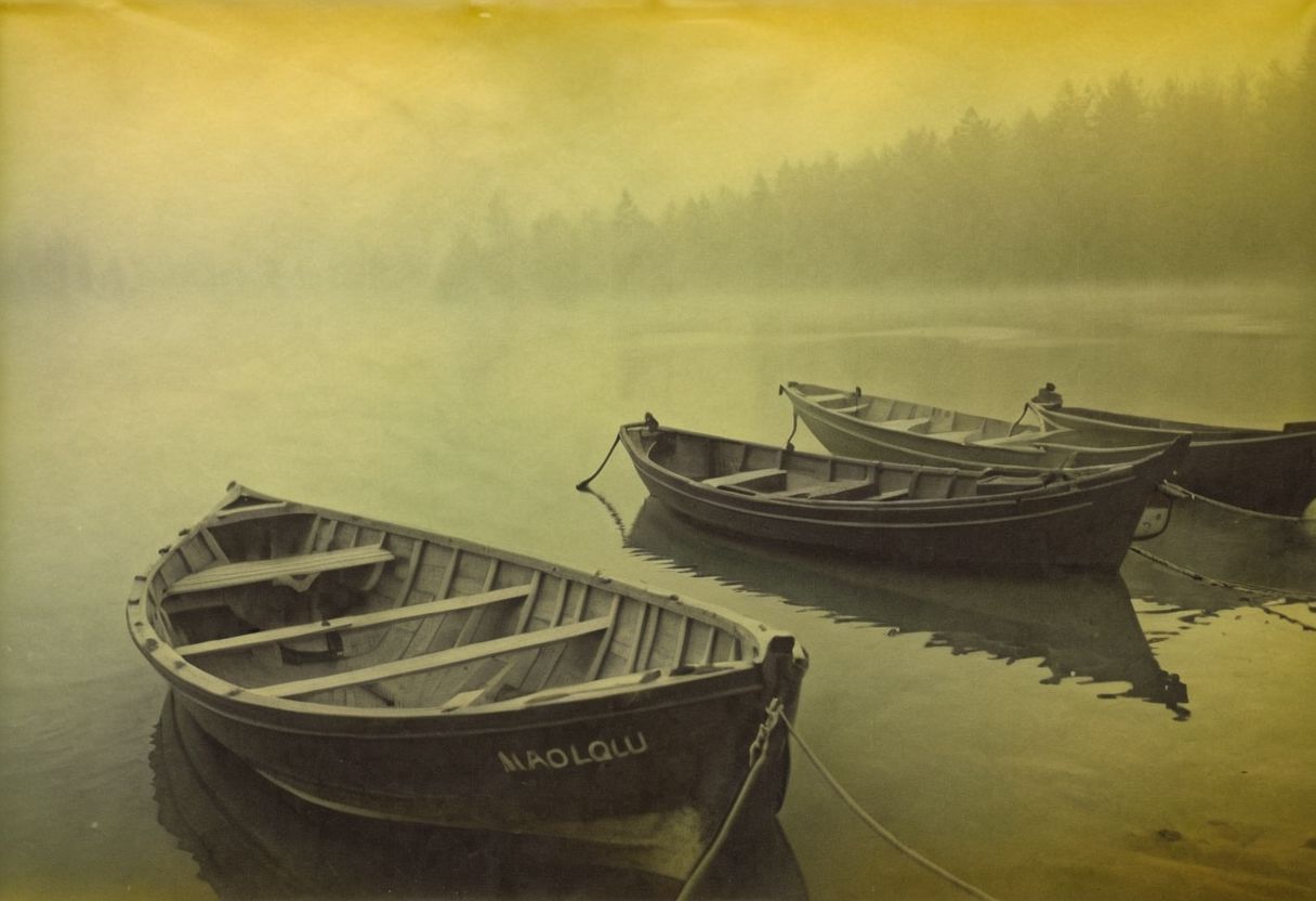 colouring_experiment_analogue, a foggy sea with some fisherboats, hard shadow