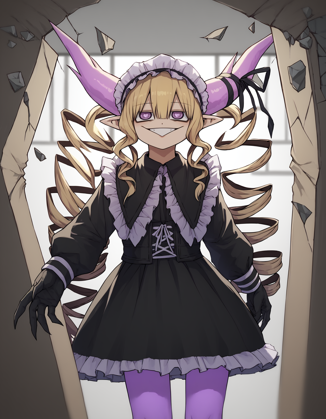 score_9, score_8_up, score_7_up, nightmare \(mazohaha\),demon girl,demon horns,pointy ears,blonde hair,long hair,drill hair,twin drills,purple eyes,ringed eyes,triangle mouth, horn ribbon,maid headdress,black dress,black gloves,purple legwear, grin, smug, NokotanEnteringClassroom, broken wall, stone <lora:nightmare:1> <lora:NokotanEnteringClassroomMeme_pdxl_Incrs_v1:1>