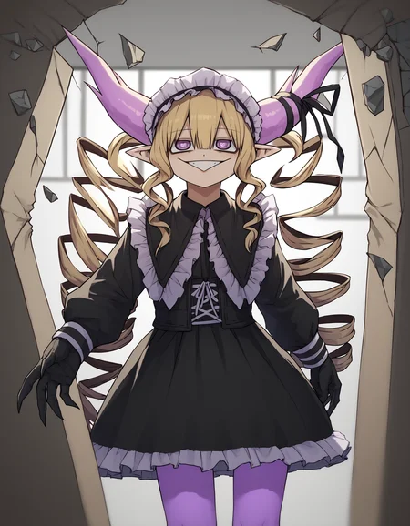score_9, score_8_up, score_7_up, nightmare \(mazohaha\),demon girl,demon horns,pointy ears,blonde hair,long hair,drill hair,twin drills,purple eyes,ringed eyes,triangle mouth, horn ribbon,maid headdress,black dress,black gloves,purple legwear, grin, smug, NokotanEnteringClassroom, broken wall, stone <lora:nightmare:1> <lora:NokotanEnteringClassroomMeme_pdxl_Incrs_v1:1>
