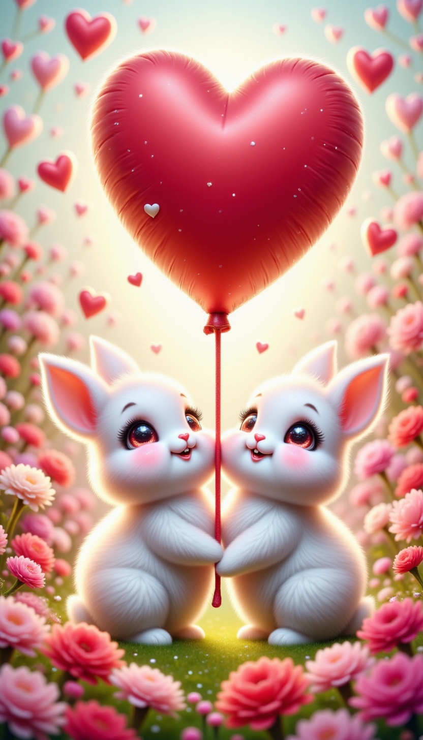 pinkchibivalentine, 
 Two fluffy white bunnies holding a giant heart-shaped balloon in a garden full of colorful flowers, blushing with sparkly eyes, surrounded by floating red hearts.
