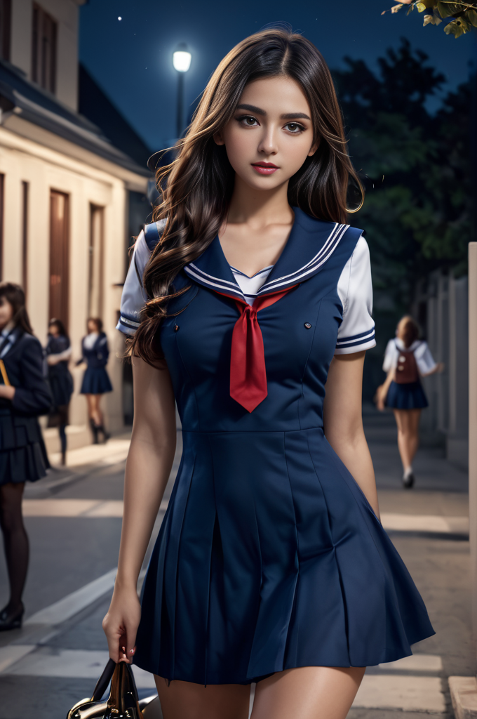 <lora:SH_ModelV2:0.8>, (night:1.5), street, (skinny legs:1.1), ultra realistic,32k, (masterpiece:1.2), (high detailed skin:1.1), 8k uhd, dslr, high quality, long hair, school uniform, sailor dress, blue dress,