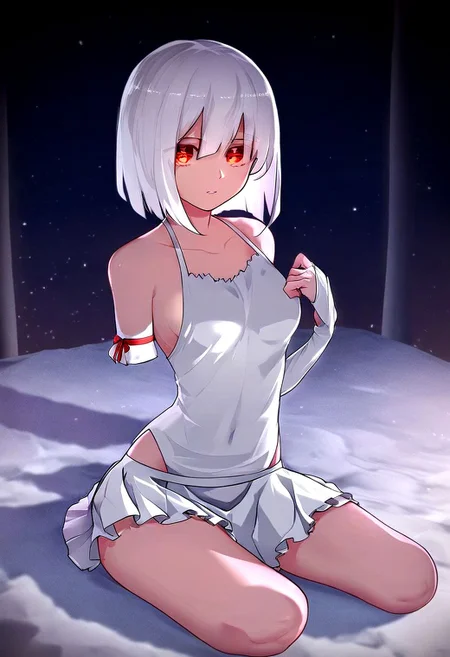 brunette girl amputee with white hair, red eyes in anime style, both arms amputated, amputed rigth and left hand, amputed left arm, amputed rigth arm,amputed left leg, armlees amputee,having a rigth lwg, wearing white nigth skirt, seated on a bed.