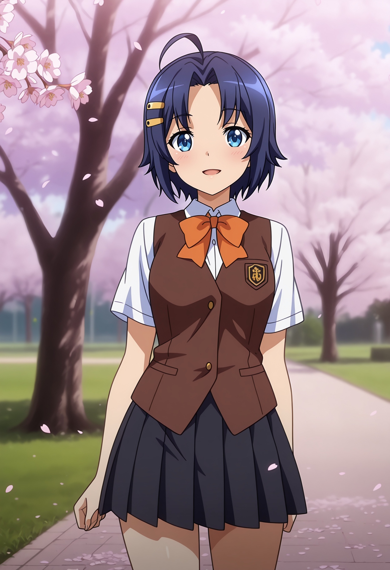 anime screencap, masterpiece, best quality,
<lora:RyouSeibai_MukuchiKuu_IlluXL:0.9>,
1girl, solo, open mouth, light smile, blush,
parted bangs, ahoge, short hair, blue hair, blue eyes, hairclip,
school uniform, brown vest, collared shirt, white shirt, orange bowtie, short sleeves, pleated skirt, black skirt,
standing, looking at viewer, cowboy shot, legs,
cherry blossoms, falling petals, grass, tree, outdoors, photo background, blurry background