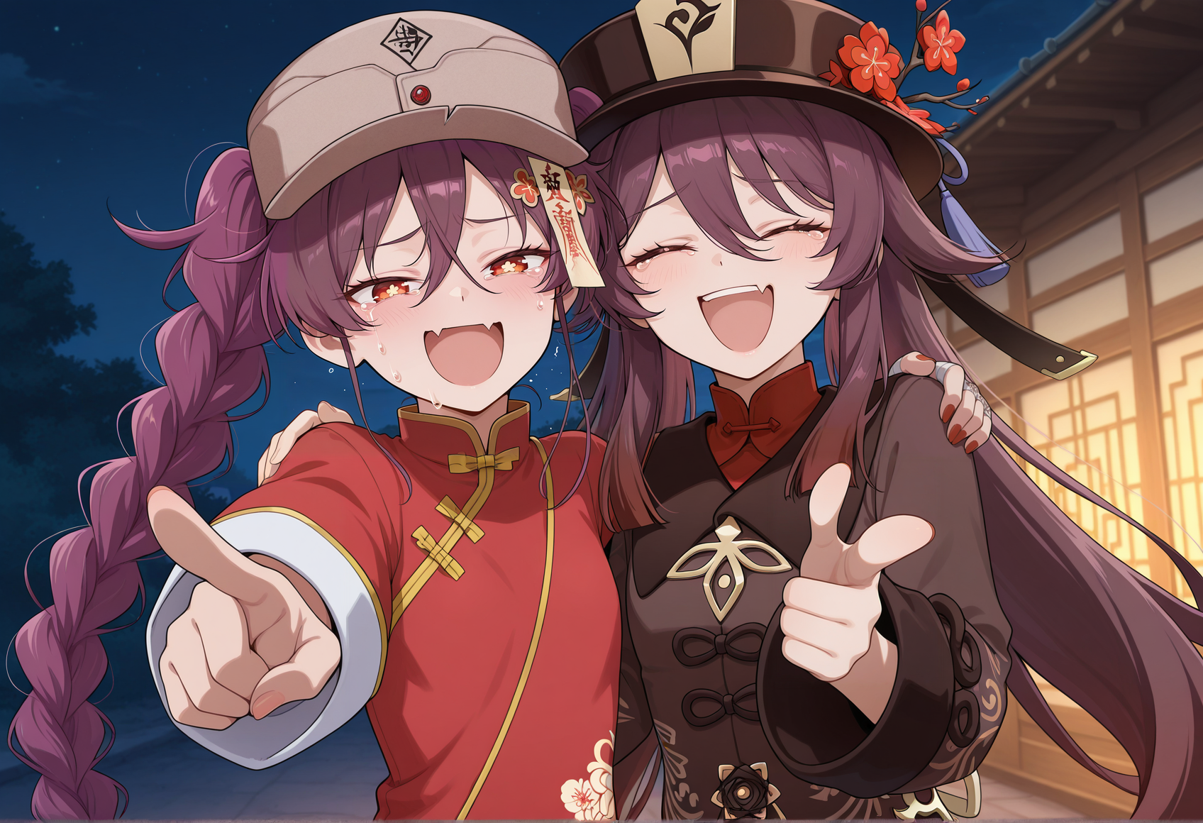 anime screenshot, anime coloring, 2girls, pointing at viewer, laughing, tears, 1girl, skinny, night, long hair, purple hair, red eyes, twin braids, talisman hair ornament, cap, chinese clothes, skin fang, hand on shoulder <lora:Lanlan_Fang_Fatetype_redline:1>
BREAK
anime screenshot, anime coloring, 2girls, pointing at viewer, laughing, tears, hu hu tao \(genshin impact\), hand on shoulder, masterpiece, best quality, amazing quality, very aesthetic, absurdres, highres, newest