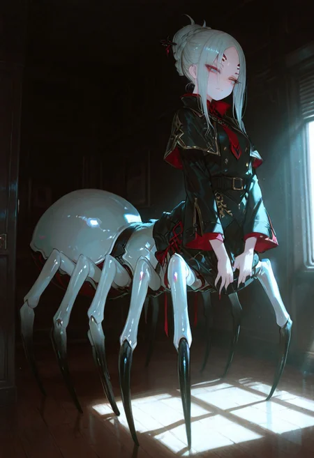 masterpiece, best quality, good quality, newest, highres, absurdres, volumetric lighting,gradient color,
BREAK 
raytracing, volumetric lighting, ambient occlusion, girl, masterpiece, best quality, very awa, absurdres, 
BREAK
model style,
 evil eyes, evil, bullying, sinister, 
BREAK
masterpiece,amazing quality,best quality,ultra-detailed,8K,illustration,CG,shiny hair,clear skin,ultra-detailed-eyes, detailed background,cute girl, eyelashes
BREAK
Arachne, taur, spider legs, forehead eyes