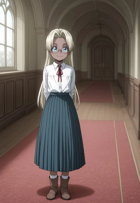 masterpiece, best quality, amazing quality, very aesthetic, absurdres, YoungIntegra, 1girl, child, blonde hair, very long hair, dark skin, blue eyes, glasses, white blouse, red neck ribbon, blue long skirt, white socks, brown boots, full body, standing, arms behind back, smile, indoors, manor, perspective