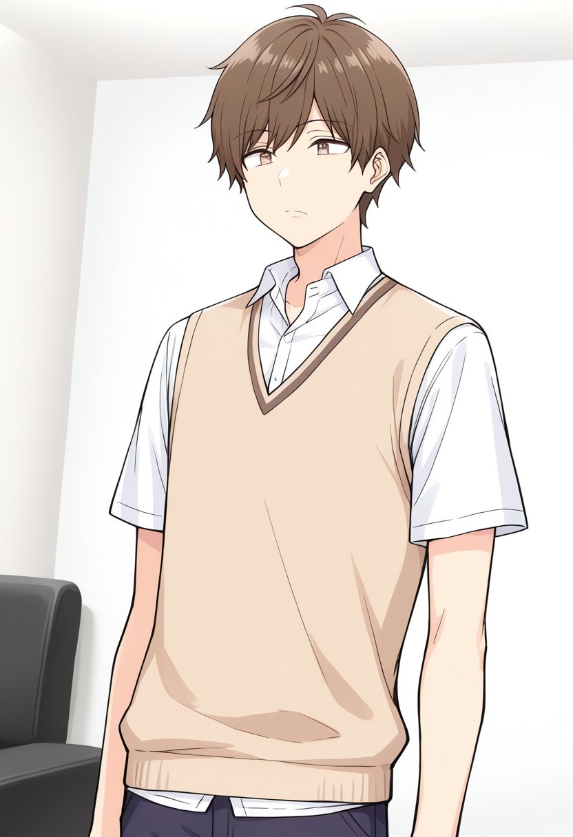 incredibly absurdres,masterpiece,absurdres,high quality,volumetric light,(very aesthetic),white background,1boy,solo,imaizumik,brown eyes,brown hair,school uniform,sweater vest,shirt,white shirt,short sleeves,pants,upper body,volumetric light,standing,posing,friendly,indoors,living room,cowboy shot,dutch angle
