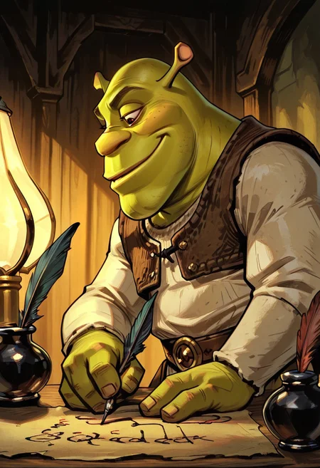 masterpiece, best quality, newest, absurdres, highres, TTCSV1.0,
writtenpeak, sidelighting, 1boy, male focus, shrek, bald, green skin, brown vest, white shirt, brown belt, pants, holding quill, feathers, lamp, inkwell, ink, indoors, writing, looking at object, smile, profile, from side,