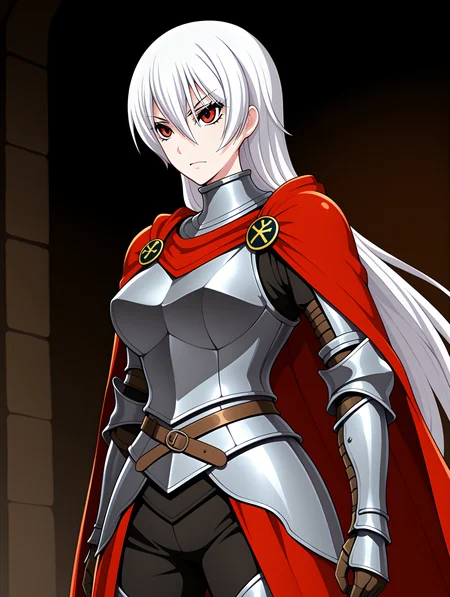 <lora:Haruka_Kuramori_Public_Defense_Force_-_Illustrious:0.9> haruka kuramori, white hair, red eyes,
serious,
(knight, armor, medieval, fantasy, ), red cape,
standing,
1girl,solo,
, cowboy shot,
adult,20 years old,