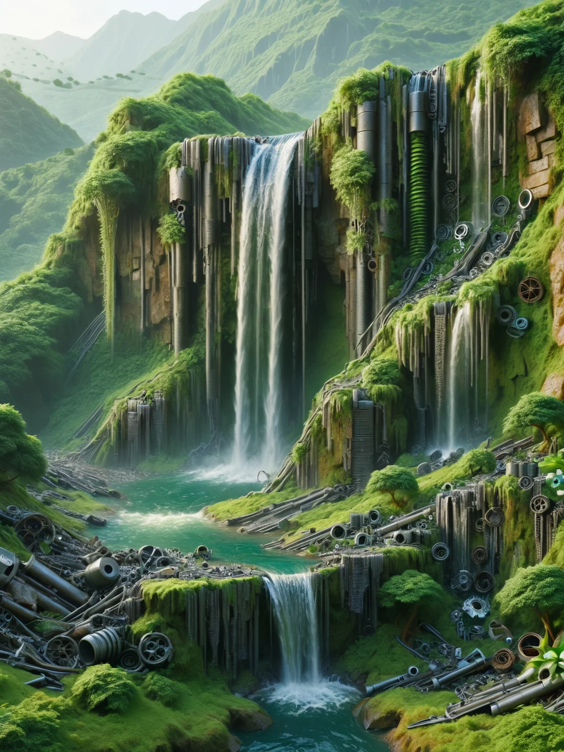 ais-scrapyrd waterfall, in a lush, green valley <lora:Scrapyard_Style_SDXL:1>