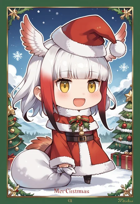 score_9, score_8_up, score_7_up, masterpiece, best quality, zzPadoru, blush, smile, open mouth, meme, holding sack, santa hat, dress, 1girl, solo, japanese crested ibis (kemono friends), head wings, multicolored hair, two-tone hair, white hair, red hair, long hair, blunt bangs, bangs, sidelocks, yellow eyes, bird tail, tail, long sleeves, wide sleeves, chibi, snow, Christmas tree, Christmas lights, Christmas border, red and green border, Christmas wreath border, presents, Christmas_card_outline