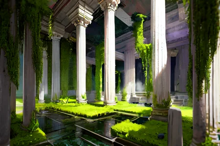 highly insanely detailed, masterpiece, top quality, best quality, highres, 4k, 8k, RAW photo, (very aesthetic, beautiful and aesthetic),  
Ancient Roman Interior Design,RomInt, 
<lora:RomanInterior-10:0.8>, 
(1girl:1.3), 
1other, 
, 
medium hair,hair ornament, 
, 
ruins,abandoned,dark,overgrown,made of moss,moss-covered,m0ss_dr3ss,elaborate long dress made of moss,(pure purple background,transparent background:1.2), 
scenery,âââ