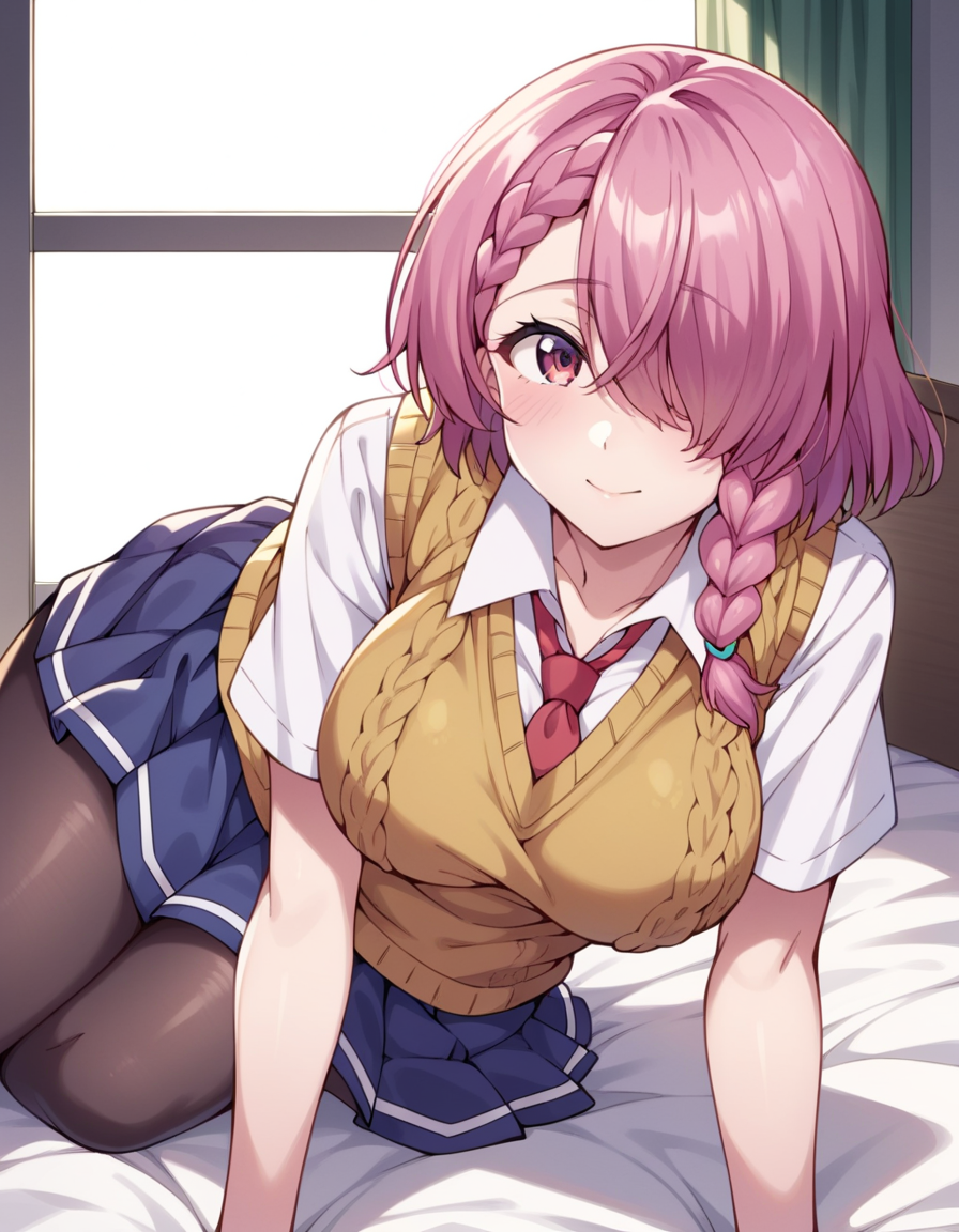 score_9, score_8_up, score_7_up, source_anime, uncensored, <lora:StS_detail_slider_v1:3>, zPDXLxxx, <lora:Maihime_Shirayuki_PONYXL_VexVexX:1>, MaihimeShirayuki, pink eyes, pink hair, short hair, braid, side braid, hair over one eye, bangs, medium-large breasts, school uniform, skirt, blue skirt, sweater vest, shirt, white shirt, short sleeves, collared shirt, necktie, red necktie, black pantyhose, cowboy shot, bedroom, from front, laying on side, fetal position, thighs, knees to chest, looking at viewer, thighs, looking at viewer