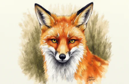 Sharp image of a rough sketch, rendered in vibrant multi colour ballpoint pen, capturing the adorable features of a close-up portrait of a red fox. The fox is looking directly at the camera with a serious expression. Its fur is a reddish-brown color with white patches on its face and neck. Its ears are pointed and its eyes are a piercing yellow. The background is blurred, but it appears to be a wooded area with trees and foliage. The overall mood of the image is calm and serene. p3nsk, <lora:p3nsk:1>