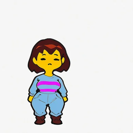 Score_9, score_8_up, score_7_up, digital art, cartoonish, FriskUndertale, 1girl, big breasts, thin waist, wide hips, shortstack, 2d, digital art, cartoonish, cartoon, flat colors, no shading, yellow skinned, colored skin, human, long-sleeves shirt, light blue shirt, magenta stripes on shirt, light blue pants, brown shoes, medium hair, brown hair, short bangs, choppy bangs, Blank expression, closed eyes, closed mouth, front view, facing forward, looking at viewer, straight-on, standing, standing pose, white background