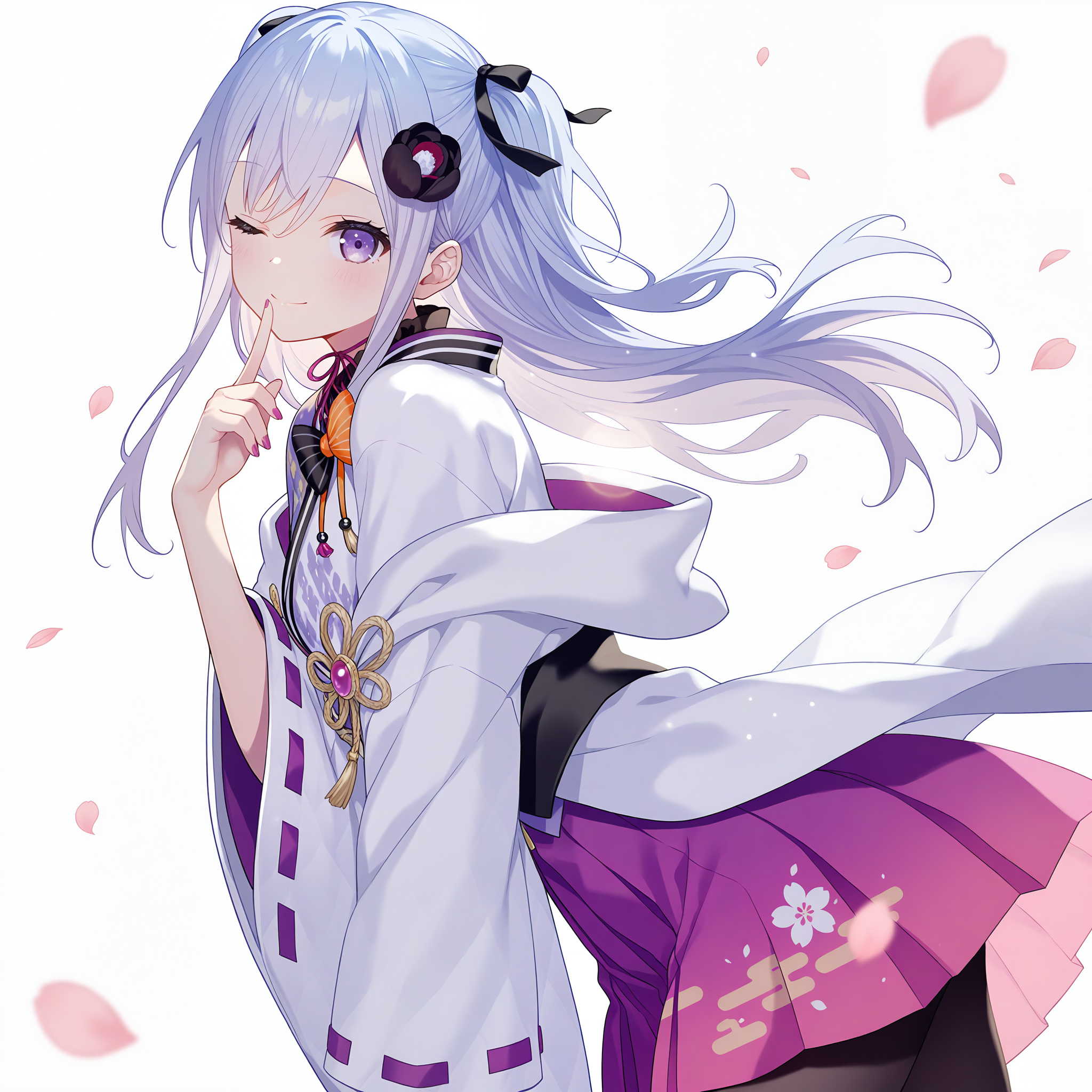 <lora:Benio_Matsuri_1_nai-000045:1>,Benio Matsuri,two side up,hair ribbon,black ribbon,hair flower,black flower,
black pantyhose,japanese clothes,long sleeves,wide sleeves,pleated skirt,obi,white kimono,ribbon-trimmed sleeves,nail polish,sash,purple hakama,egasumi,off shoulder,floral print,ribbon choker,hakama skirt,striped bow,two-tone bow,orange bow,black bow,
BREAK
1girl,solo,smile,white background,simple background,cherry blossoms,falling petals,one eye closed,finger to mouth,from side,simple background,depth of field,lens_flare,