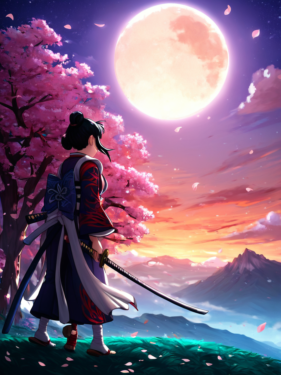 score_9, score_8_up, score_7_up, score_6_up, score_5_up, zPDXL2, max detail, 4k wallpaper, masterpiece, best quality, absurdres, highres, dynamic angle, dynamic pose, source_anime, FluffyLewdsStyle, (Greatm8Stkyle:0.5), 
scenery, 
(close-up:1.1), tree, samurai, solo, 1girl, holding, moon, katana, cloud, solo focus, outdoors, standing, sky, night sky, starry sky, holding sword, cloudy sky, japanese clothes, sheath, black hair, petals, blood, full moon, mountain, falling petals,
 <lora:SoftAnimeStyle:1> <lora:ThickOutline:0.2> <lora:aidma-Image Upgrader-v0.1:0.5>