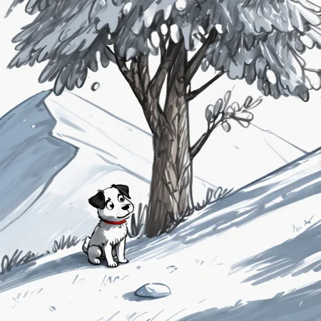 Puppy painting under the tree at the top of the mountain. lora: The simplest :1.0> , very detailed, 8k, sharp, professional, clear, high contrast, crystal clear