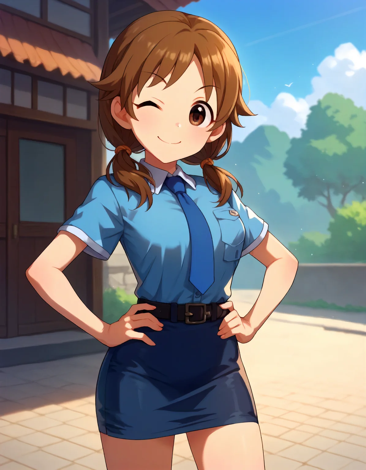 score_9,score_8_up,score_7_up,1girl,solo,cowboy shot,looking at viewer,smile,wink,closed mouth,hands on hips,outdoors,
<lora:katagirisanae_ponyXLV6:0.8>,cgkts,
brown hair,parted bangs,low twintails,brown eyes,
blue shirt,short sleeves,blue necktie,black belt,pencil skirt