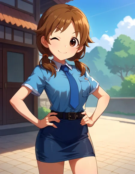 score_9,score_8_up,score_7_up,1girl,solo,cowboy shot,looking at viewer,smile,wink,closed mouth,hands on hips,outdoors,
<lora:katagirisanae_ponyXLV6:0.8>,cgkts,
brown hair,parted bangs,low twintails,brown eyes,
blue shirt,short sleeves,blue necktie,black belt,pencil skirt