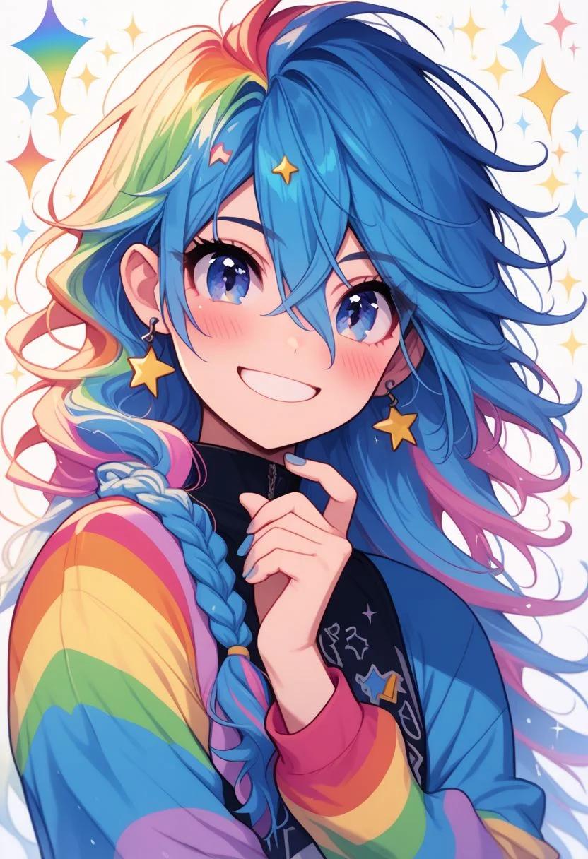 prideb4fall, 1girl, solo, smile, blush, blue hair, long hair, looking at viewer, earrings, jewelry, sleeves past wrists, blue eyes, multicolored hair, braid, rainbow, star (symbol), long sleeves, sparkle, white background, blue nails, portrait, nail polish, upper body, grin, floating hair, hair between eyes, simple background, heart, hand up, made of rainbows, rainbow overlay, pride month, rainbows
zPDXL2