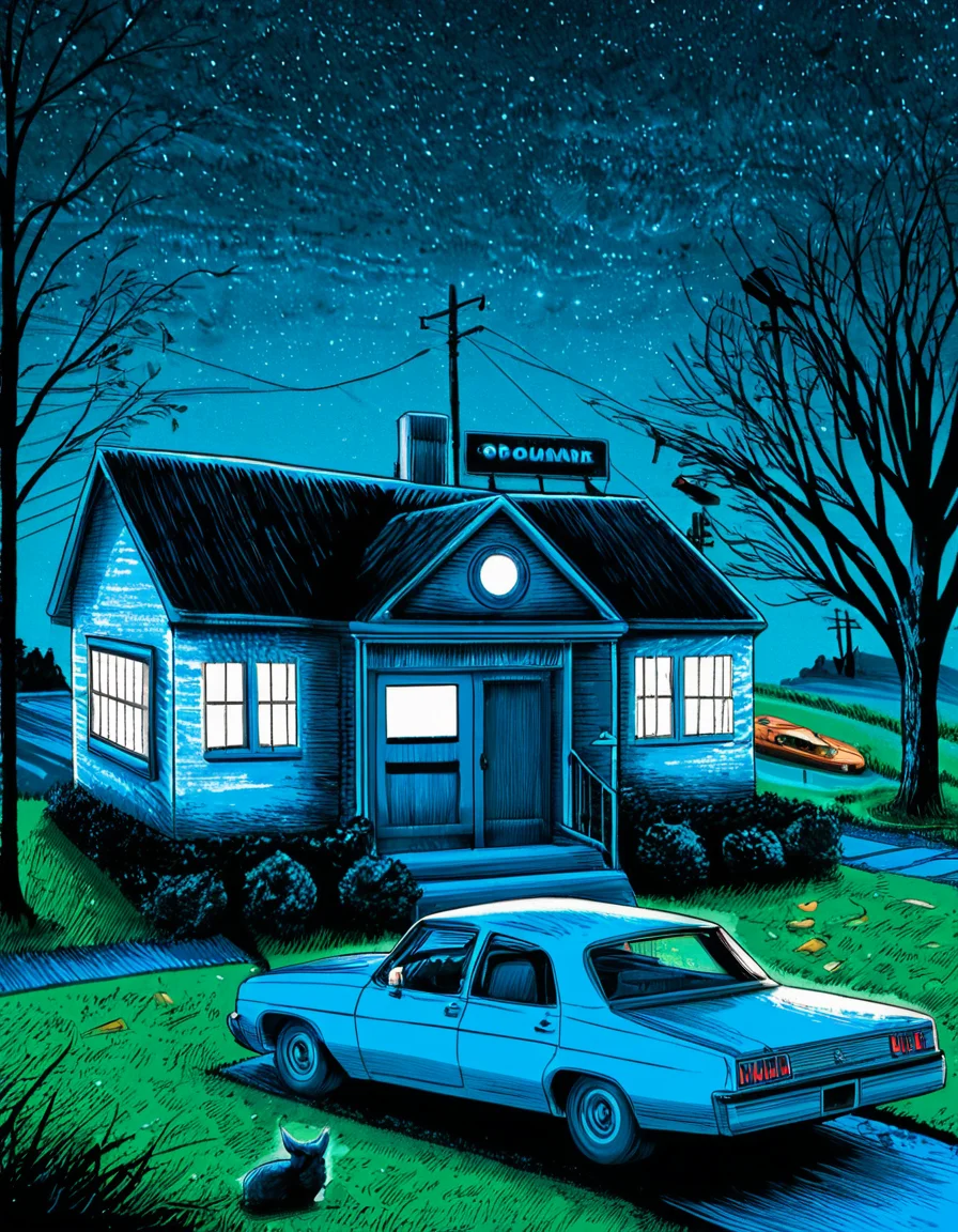 concept art  . digital artwork, illustrative, painterly, matte painting, highly detailed,
t1md0yl3, outdoors scenery, sky, tree, no humans, window, night, traditional media, grass, building, star (sky), night sky, motor vehicle, starry sky, blue theme, car, bush, road, house, power lines, utility pole
<lora:tim_doyle-SDXL-v1:1>