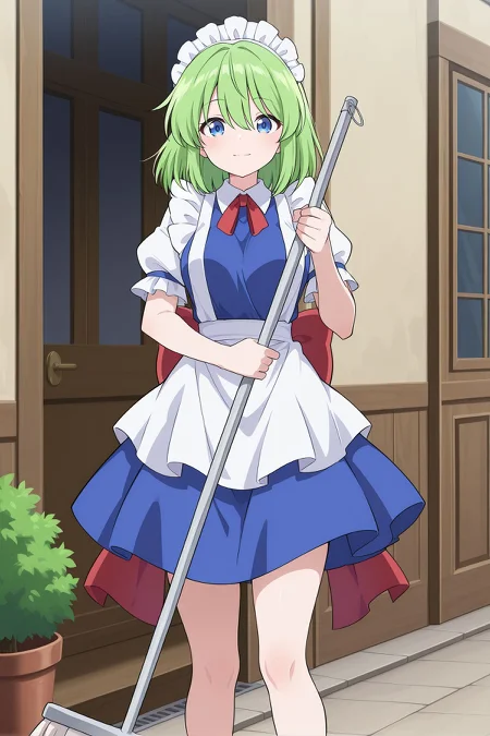 absurdres, highres, masterpiece, best quality, amazing quality, official anime artwork, screencap, anime screencap, outdoors, looking at viewer, light smile, dynamic pose, standing,
 <lora:Ruukoto_Illustrious:1> ruukoto, 1girl, solo, blue eyes, green hair,, maid headdress, neck ribbon , red ribbon, blue dress, frilled sleeves, short sleeves, maid apron, back bow, red bow, holding mop,