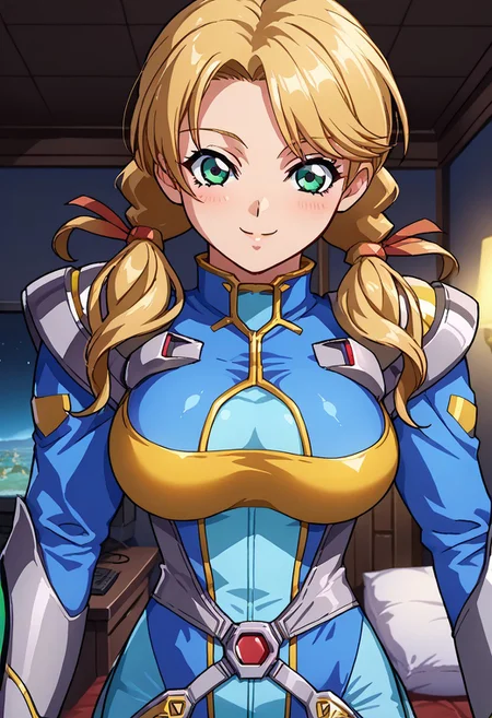 score_9, score_8_up, score_7_up, score_6_up, source_anime, anime screencap, 1girl, solo, oldrin, blonde hair, low twintails, green eyes, srwbluepilotsuit, blue bodysuit, pauldrons, wrist guards, metal belt, grey armor, helmet removed, no headwear, large breasts, looking at viewer, light blush, smile, cowboy shot, night, indoors, modern, dark walls, monitor,