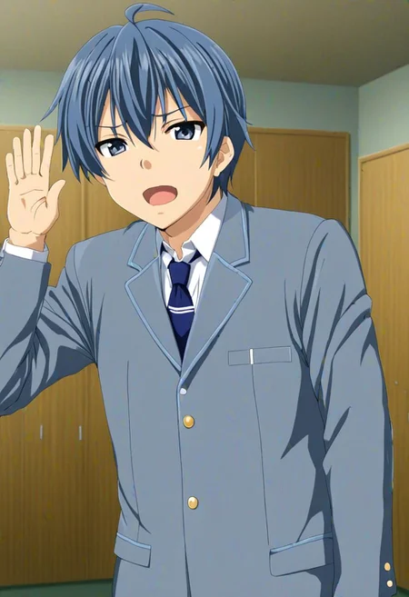 high resolution, solo, best quality, 1Boy, Tomoya Okazaki, Grey Blue Hair, school life, school uniform, OverallDetail