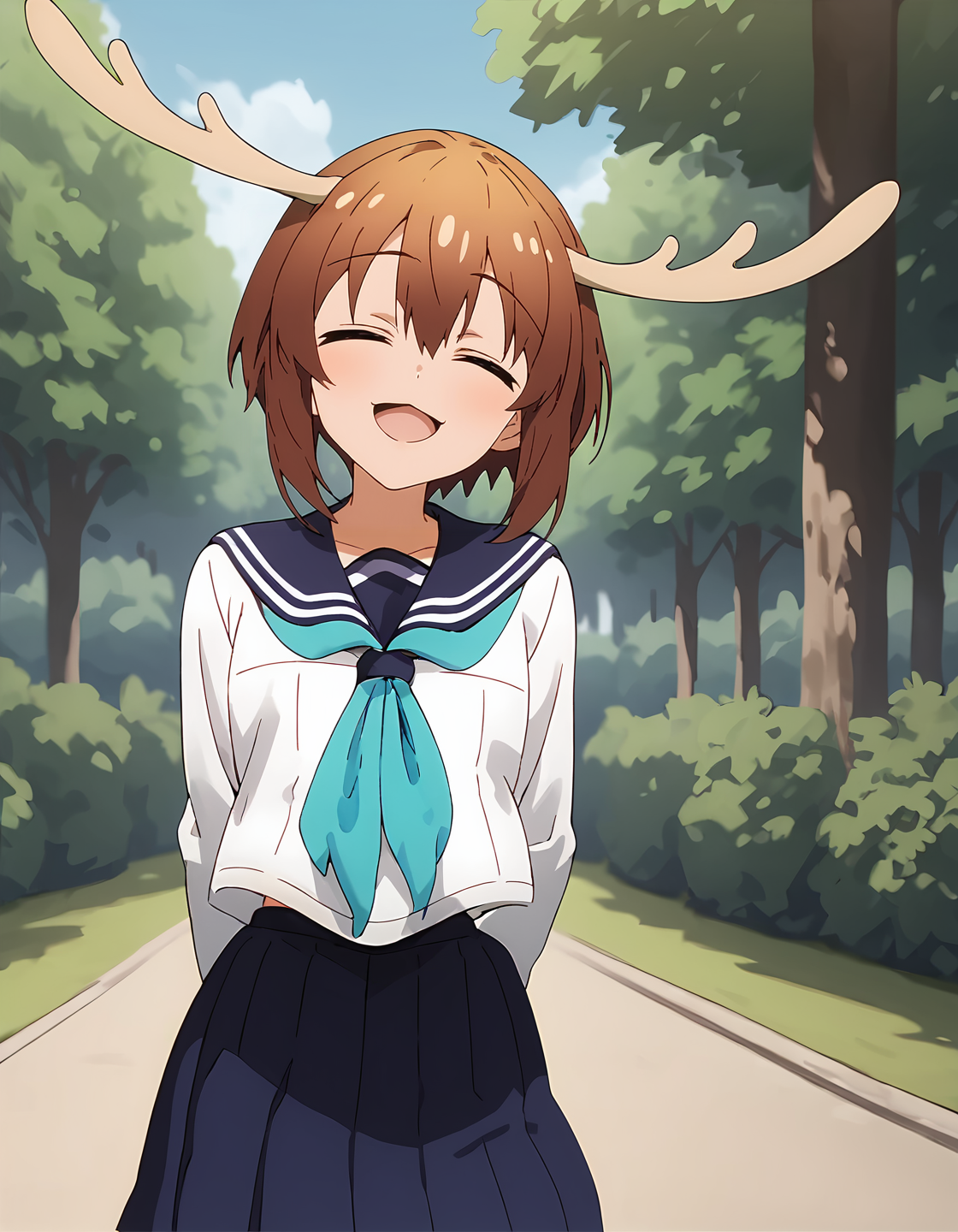 score_9, score_8_up, score_7_up, score_6_up, score_5_up, score_4_up, source_anime, <lora:Nokotan_T1V1:0.90>,
1girl, solo, anime screencap,
Nokotan_T1V1, brown hair, short hair, hair between eyes, deer antlers, 
school uniform, serafuku, white shirt, long sleeves, blue sailor collar, aqua neckerchief, 
blue skirt, pleated skirt, 
standing, arms behind back, head tilt, 
facing viewer, :3, open mouth, smile, closed eyes, 
outdoors, park, tree, bush, upper body,