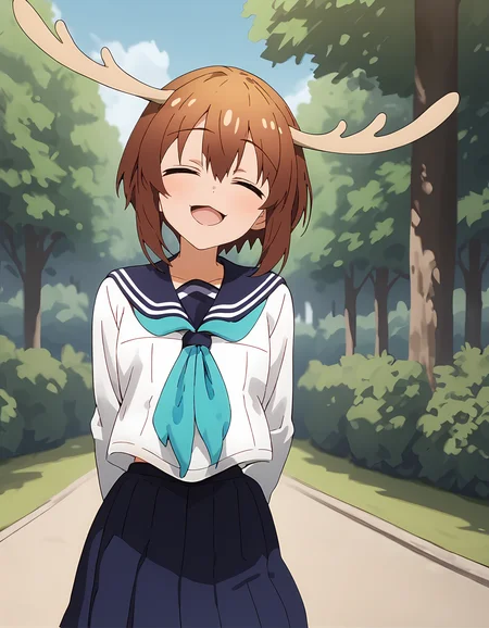 score_9, score_8_up, score_7_up, score_6_up, score_5_up, score_4_up, source_anime, <lora:Nokotan_T1V1:0.90>,
1girl, solo, anime screencap,
Nokotan_T1V1, brown hair, short hair, hair between eyes, deer antlers, 
school uniform, serafuku, white shirt, long sleeves, blue sailor collar, aqua neckerchief, 
blue skirt, pleated skirt, 
standing, arms behind back, head tilt, 
facing viewer, :3, open mouth, smile, closed eyes, 
outdoors, park, tree, bush, upper body,