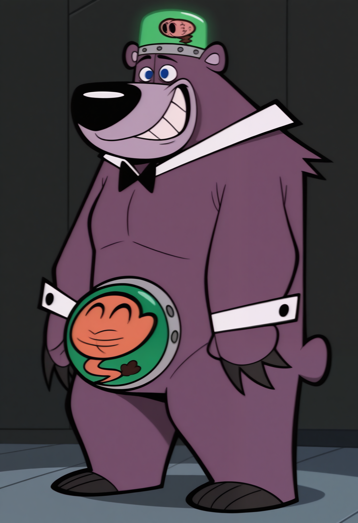 masterpiece,best quality,amazing quality, 1boy, solo, b0sk0v, bear, purple fur, blue eyes, black bowtie, white tuxedo collar, white cuffs, black cufflinks, full body, happy,