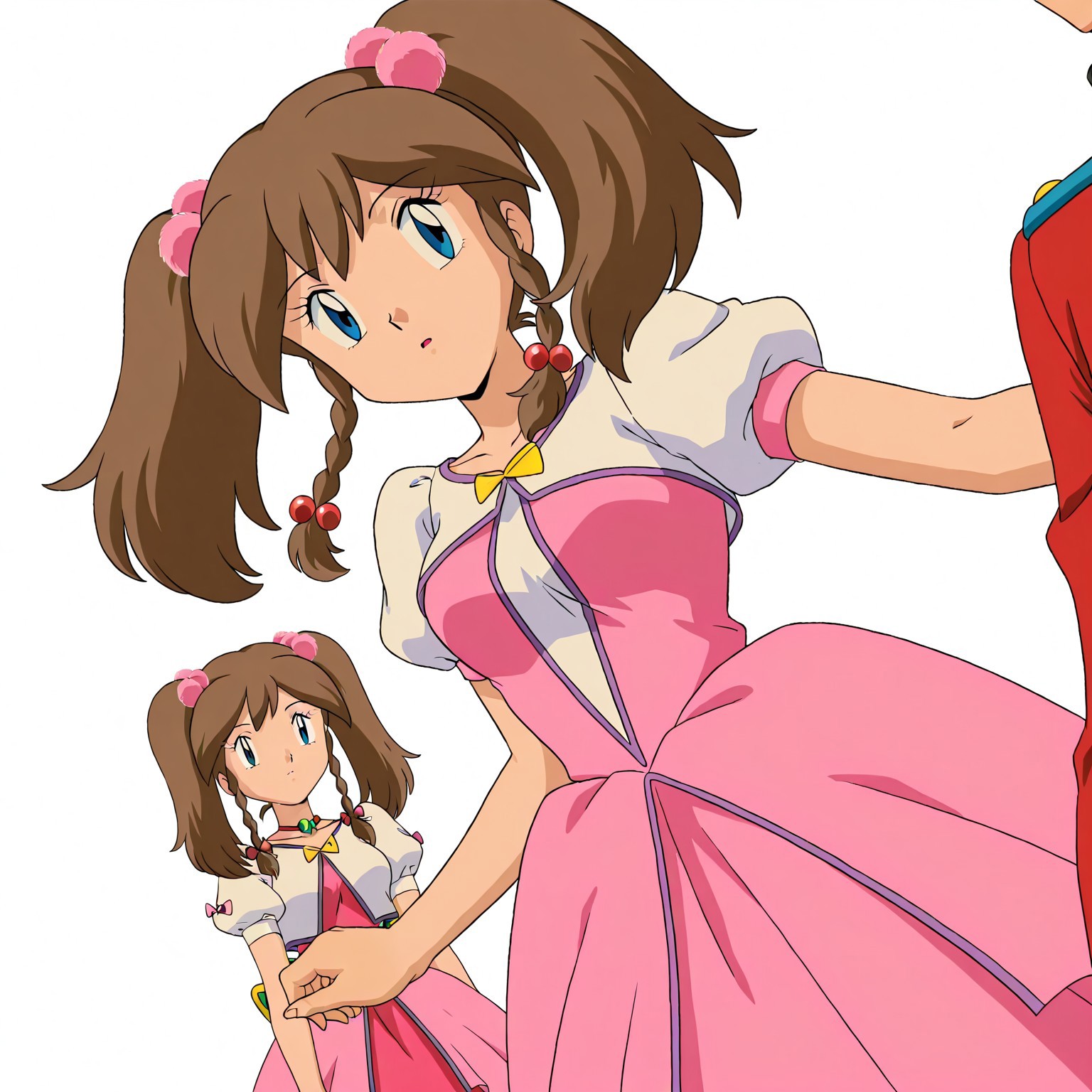 pokemon may, haruka, brown hair, twintails, braid, blue eyes, twin braids, hair ornament, dress, pink dress, hair bobbles, front view, white background, solo focus, retro artstyle,medium breasts, dynamic angle, anime art style, anime coloring, Anime Screencap
