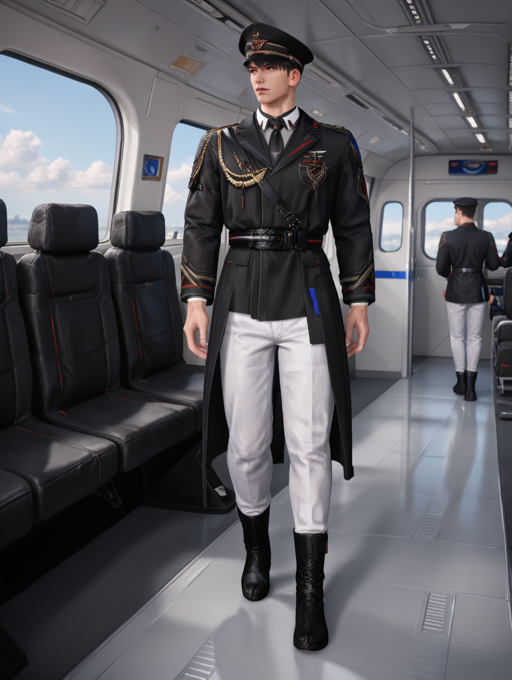 score_9,score_8_up,score_7_up,1boys,solo,yaoi,bara,male focus,nsfw,uncersored,highres,best quality,amazing quality,best aesthetic,absurdres,<lora:caleb-000004:0.8>,caleb,military uniform,airplane interior,holding helmet,looking to the side,full body, white pants,black boots,walking,