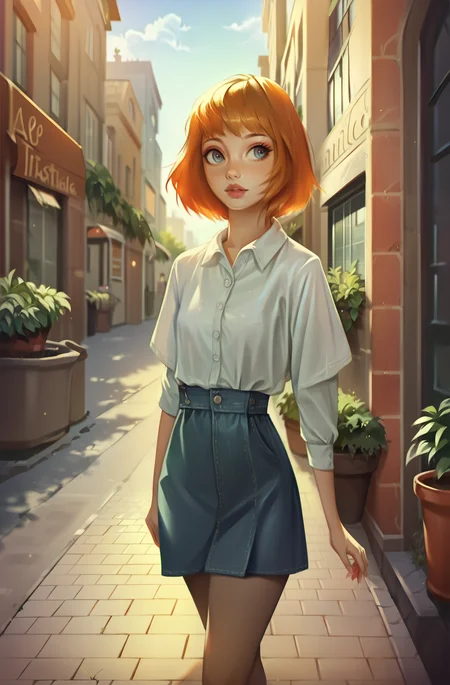 score_9, score_8_up, score_7_up, score_6_up, <lora:mgxt:1> mgxt, <lora:1ly4XLP:0.7> 1ly4, intricately detailed illustration, source_Cartoon, cell shading, artbook illustration, detailed background,
cute woman, city, urban clothing, walking, cowboy shot, pedestrian street, potted plants, cobblestone, public,