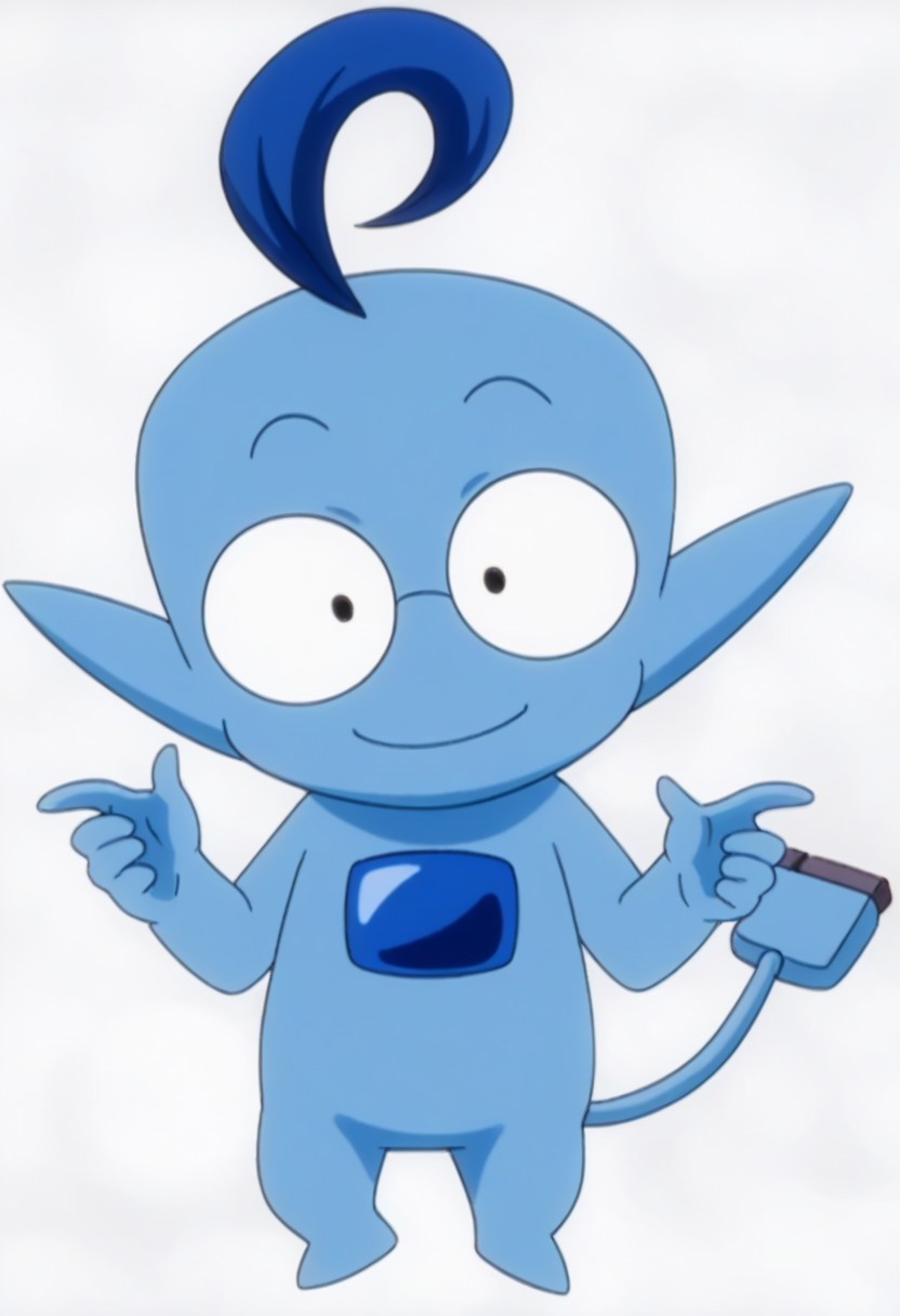 no humans, solo, pokemon(creature), wide-eyed, black eyes, glasses, ahoge, 1boy, blue skin, male focus, tail, pointy ears, full body, evil smile, simple background, high quality