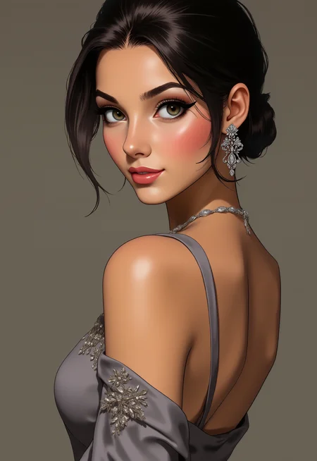 <lora:FANCHA_v.6:1.0> (She has a slender physique, a small head on a very short neck:1.1). breathtaking Whimsical and Playful, A (beautiful refined charming young Isabella ) , (exquisite gray hues knee-length intricate sleek dress:1.3), (silky Messy bun hairstyle :1.1), (beautiful eyes), eyelashes, ((small) round sexy) lips, healthy white teeth, shiny diamond necklace, (cute), elegant cinematic pose, tight waist, ((feminine perfect physique, amazing, stylish, noble, intriguing, fascinating, wonderful, lovely, classy, alluring rich look)). (skin teaxture, skin micro pores, skin microhairs. detailed, 4k HDR UHD). (Style of young Amanda Crew :0.4) + (Style of young KD Aubert :0.4). woman , imaginative, fantastical, bight colors, stylized, happy, Whimsical and Playful . award-winning, professional, highly detailed