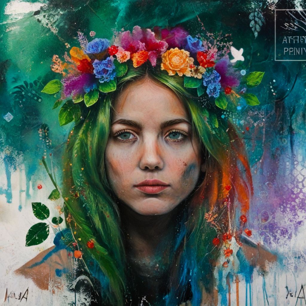 score_9,score_8_up,score_7_up,al_pt, painting (medium),acrylic paint (medium),surreal,colorful,female,flower hair, nature,detailed background