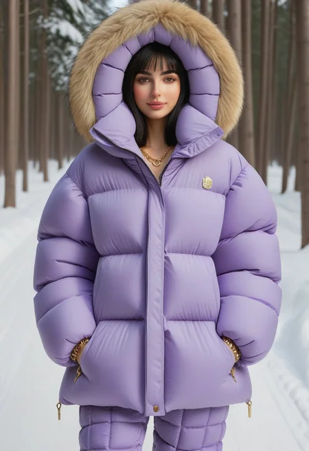 ((((puffer padded jacket)))), ((((puffer padded coat)))), ((((full body)))), ((((fur boots)))), ((((puffer pants)))), ((((puffer hood up)))), winter, snow, forest, 1girl, solo, (masterpiece), detailed face, detailed eyes, (beautiful detailed eyes:1.5), sidelighting, (super detail, hyper detail, intricate_details, detailed), (semi realistic:1.6), (Bob cut), blunt bangs,(black hair), (purple eyes, eyelashs), tanned skin, smug smile, angry face, Golden jewelery, golden rings, golden necklace, golden armlets, golden chains, padded cuffs, padded collar, Thick padded cuffs, Thick padded collar, <lora:Collar-SDXL:0.6>, <lora:Cuffs-SDXL:0.6>, <lora:Puffer_Jacket_and_Down_Jacket_-_Extra_Puffy_Jackets:0.4>, <lora:snowpants_v1:0.4>