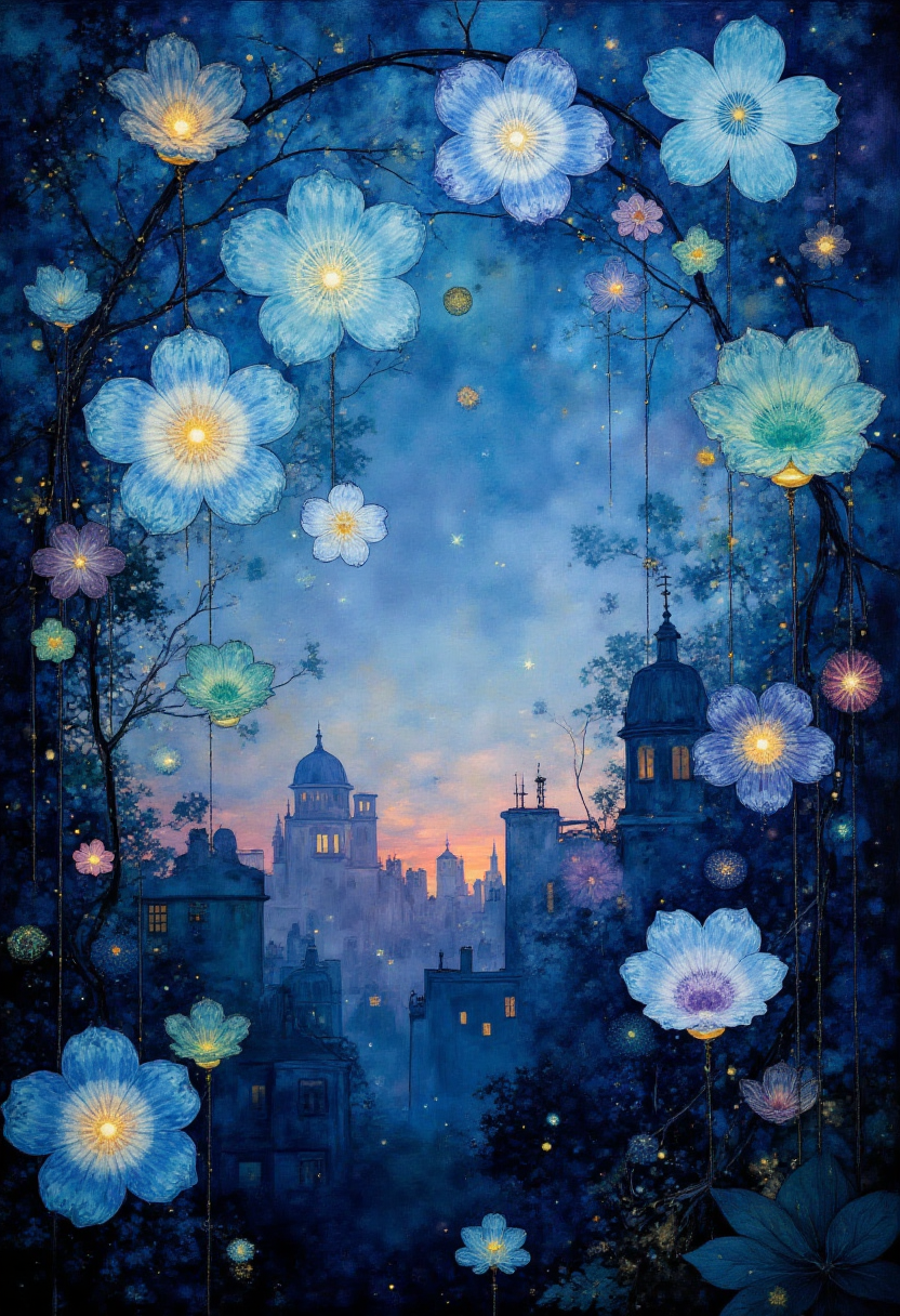 Beneath a celestial dome painted with twilight hues of indigo and violet, an ethereal crystal garden flourishes. Delicate glass blooms, crystallized in shades of turquoise, emerald, and amethyst, drape from an invisible latticework of tendrils that crisscross the sky. Their radiant centers glow softly, reflecting an illusive light that seems to originate from within each blossom. The composition invites viewers to wander among these iridescent petals, suspending reality as they venture through this surreal oasis of liquid beauty. Upon closer inspection, intricate patterns adorn the glassy surfaces, whispering tales of ancient craftsmanship steeped in mystery. The atmospheric serenity evokes feelings of awe and wonder, while subtle shadows cast by these luminescent blooms add depth and texture to the ephemeral realm. By incorporating bold contrasts of light and shadow against a dreamlike canvas, this image effortlessly transports the observer into a realm where fantastical glass art unfolds in harmonious union with the heavens themselves. ,<lora:flux/fav/Digital painting V1.safetensors:1.0:1.0>
